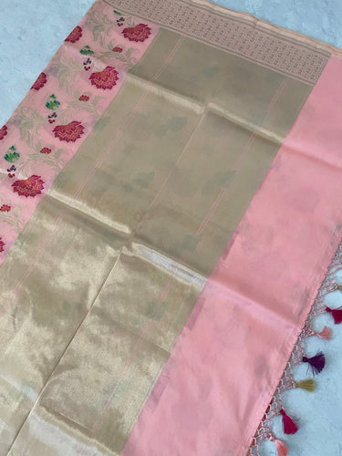 Banarasi Katan Silk Saree with Meenakari Work | Shade of Pastel Pink & Pink | Handwoven | Silk Mark | Ships from California